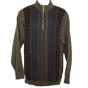 Vintage 90s Mock Neck Sweater Quarter Zip Sz M Textured Striped Gray Black Blue